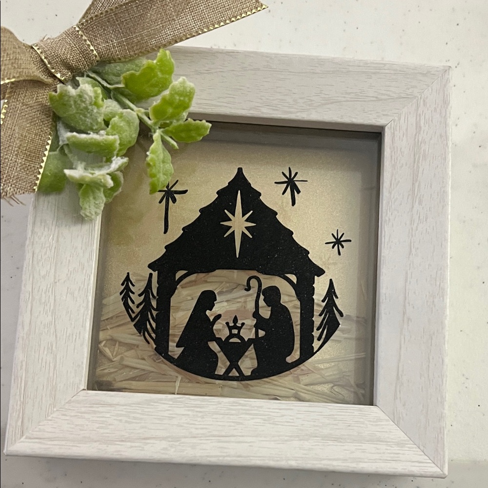 Hand Crafted White and Gold Nativity Shadow Box